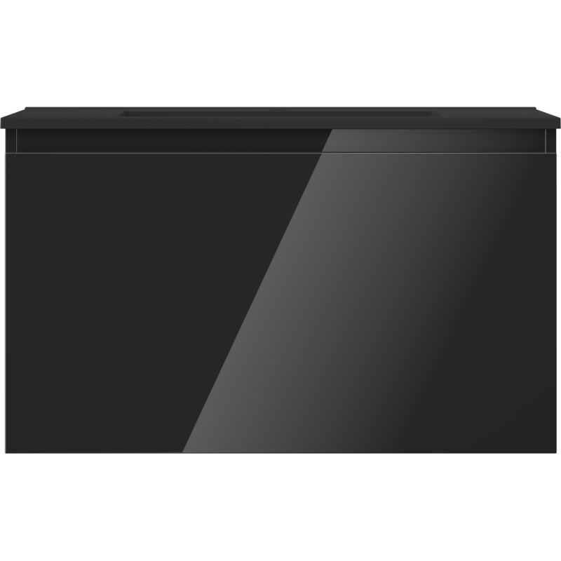 Servant med skap 80 cm svart høyglansfront uten synlige håndtak, sett rett forfra.