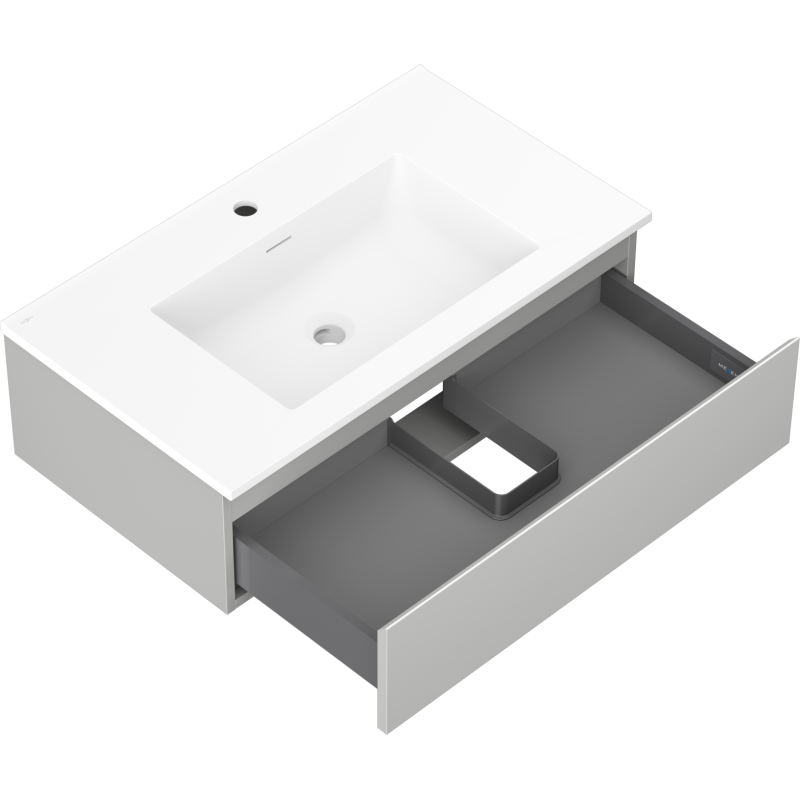 Baderomsskap med vask 80 cm grå matt, åpen skuff under hvit rektangulær servant.