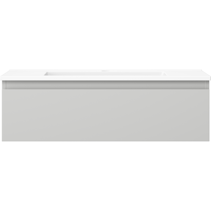 Servant med skap i matt grå, vegghengt modell med hvit servant og integrert håndtak, sett forfra.