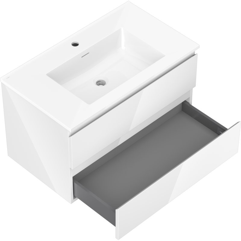 Baderomsskap med servant 80 cm hvit Mexen Orio/Otis, skuff trukket ut og interiør synlig.