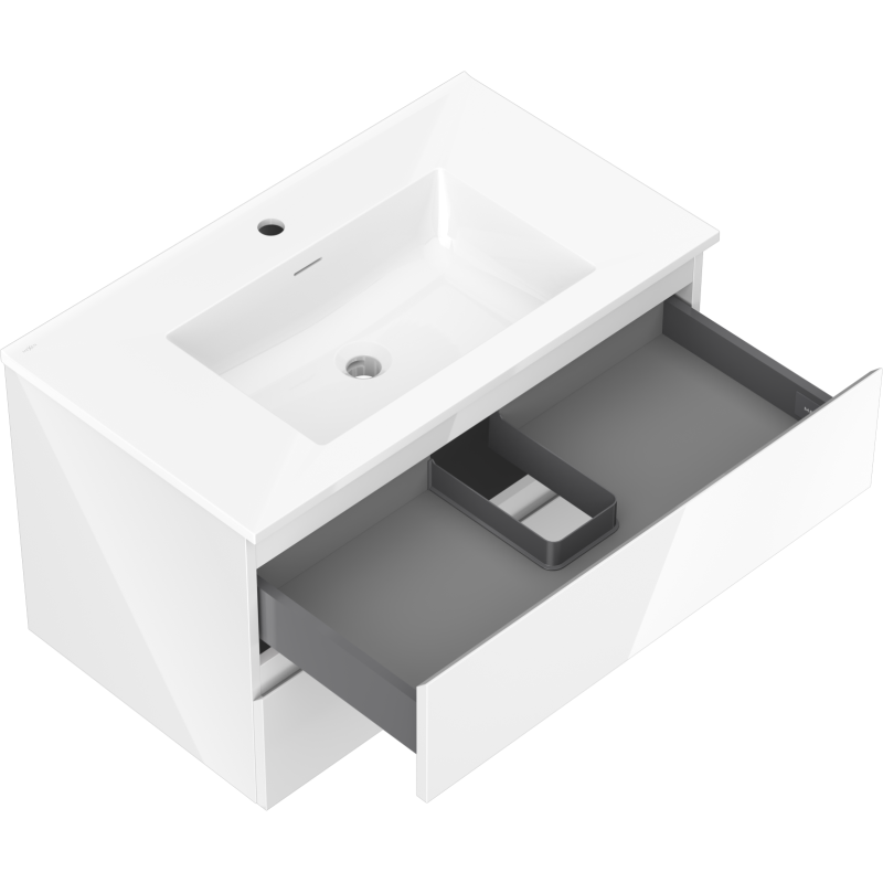 Baderomsskap med vask 80 cm Mexen Orio/Otis, åpen skuff med grå inndeling, sett skrått ovenfra.