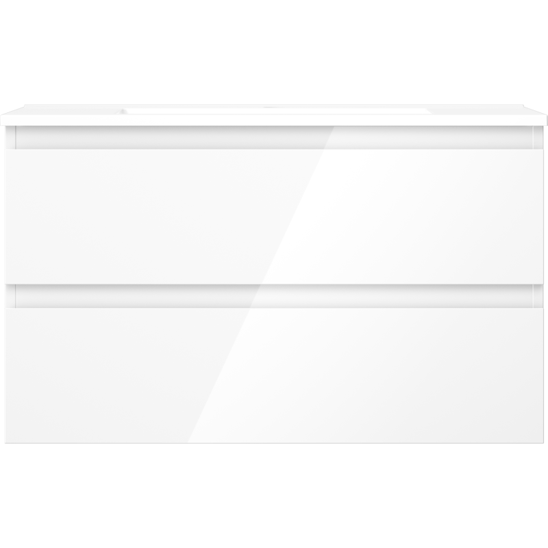 Servant med skap i hvit høyglans med to brede skuffer, minimalistisk design uten synlige håndtak.