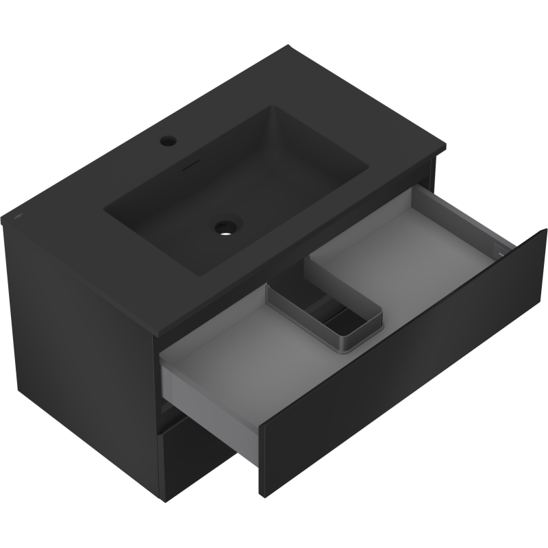 Baderomsskap med vask Mexen Orio 80 cm svart matt, åpen skuff med rominndeling, sett skrått ovenfra.