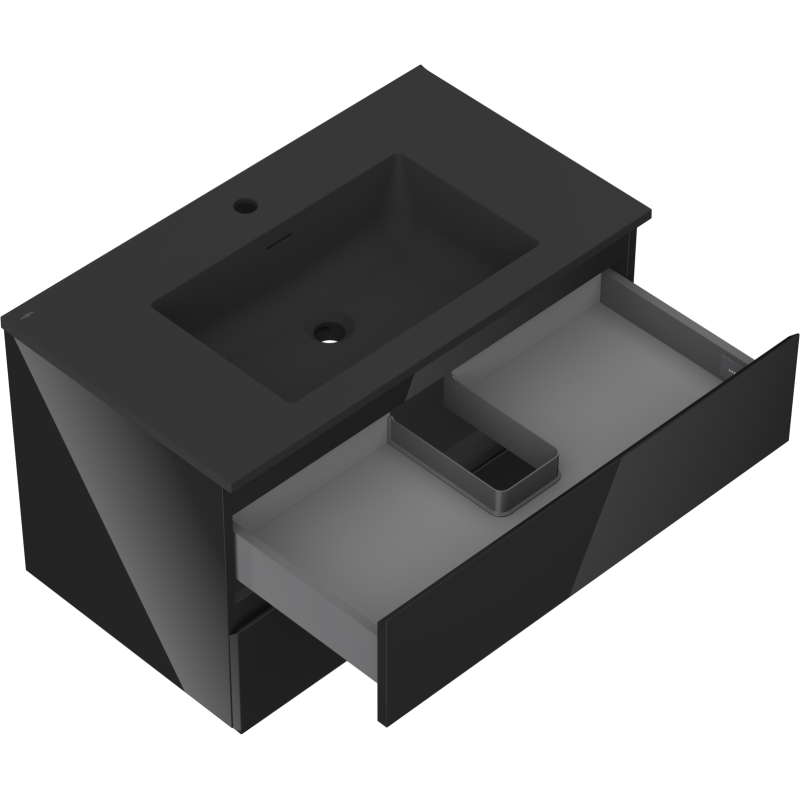 Baderomsskap med vask 80 cm svart Mexen Orio/Otis, åpen grå innerskuff med oppbevaringsboks.