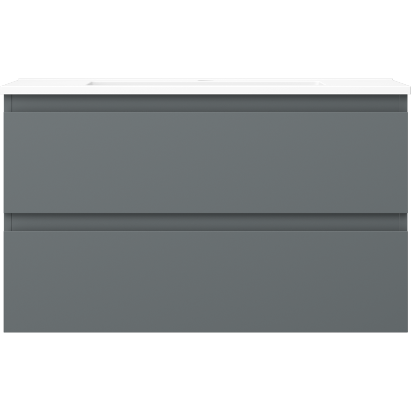 Servant med skap i grafitt og hvit matt med to brede skuffer og integrerte håndtak, rett forfra.