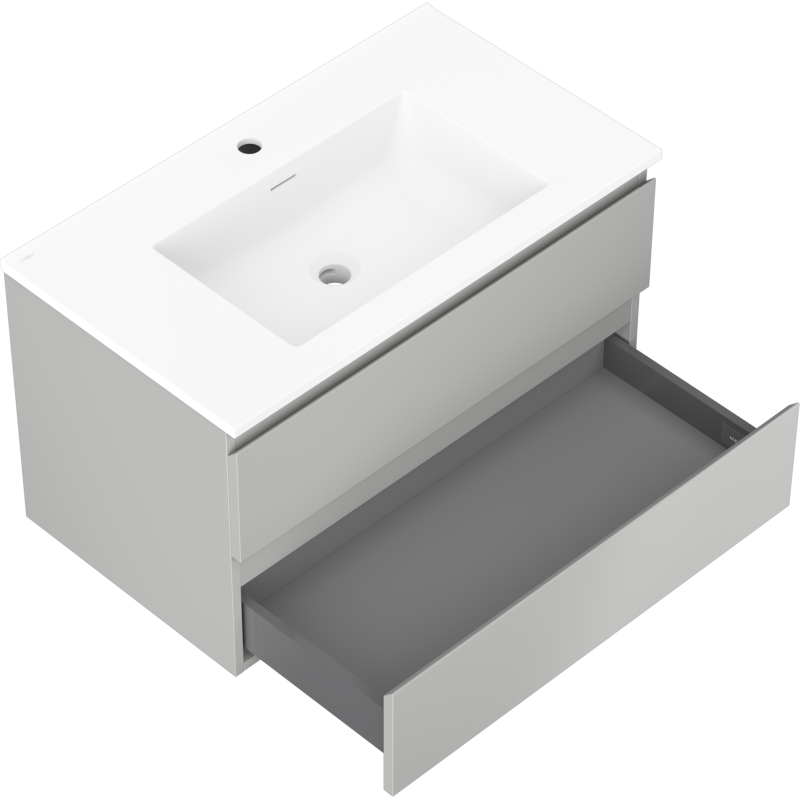 Baderomsskap med servant, 80 cm Mexen Orio, grå matt skuff åpen og hvit rektangulær vask.