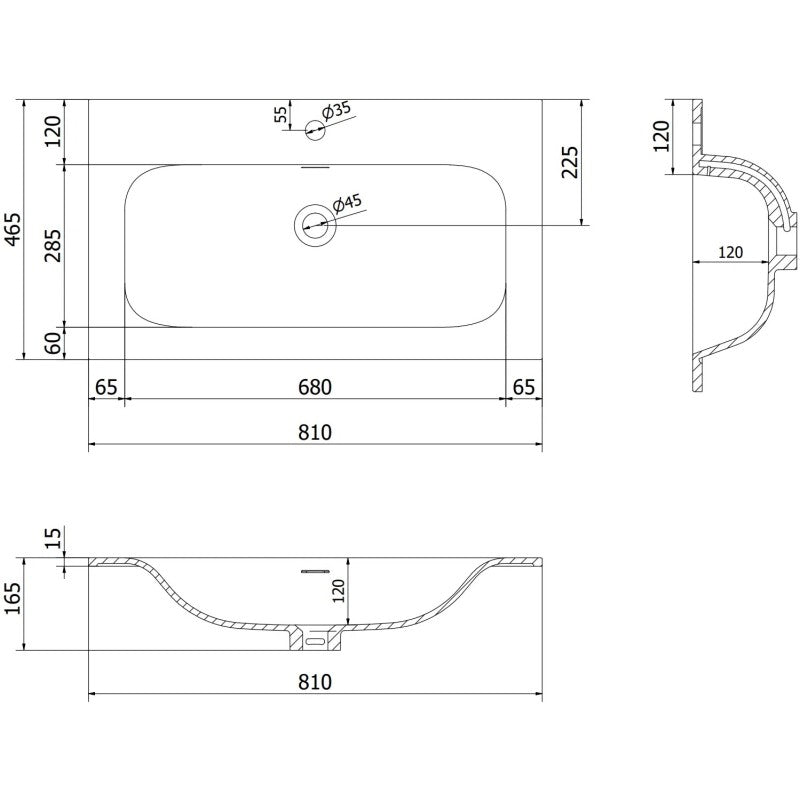 Servant med skap teknisk tegning med mål av Mexen Orio Vela 80 cm hvit matt, vist ovenfra og i snitt.