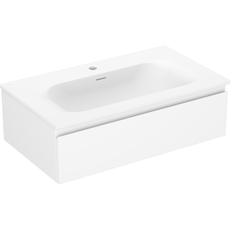 Servantskap med vask 80 cm hvit matt, én skuff, sett skrått forfra med porselensservant.