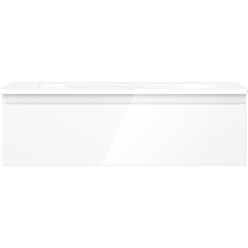 Servant med skap i hvit høyglans, rektangulær, uten synlige håndtak, sett rett forfra.