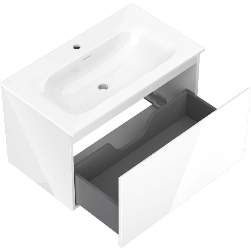 Baderomsskap med vask Mexen Orio Vela 80 cm, åpen skuff med grått innvendig rom og avløpsutskjæring.