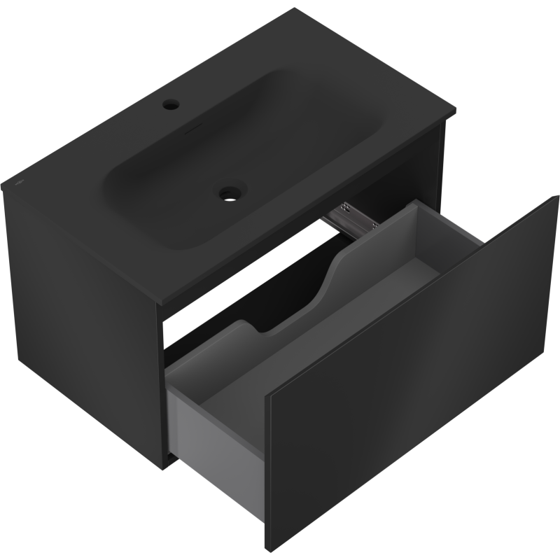 Baderomsskap med vask 80 cm svart matt Mexen Orio med åpen lysegrå skuff og utsparing for rør.
