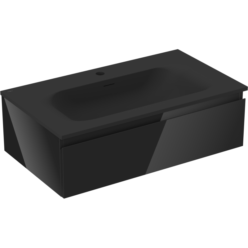 Servantskap med vask 80 cm i matt svart med én skuff og integrert vask, sett fra skrå front.