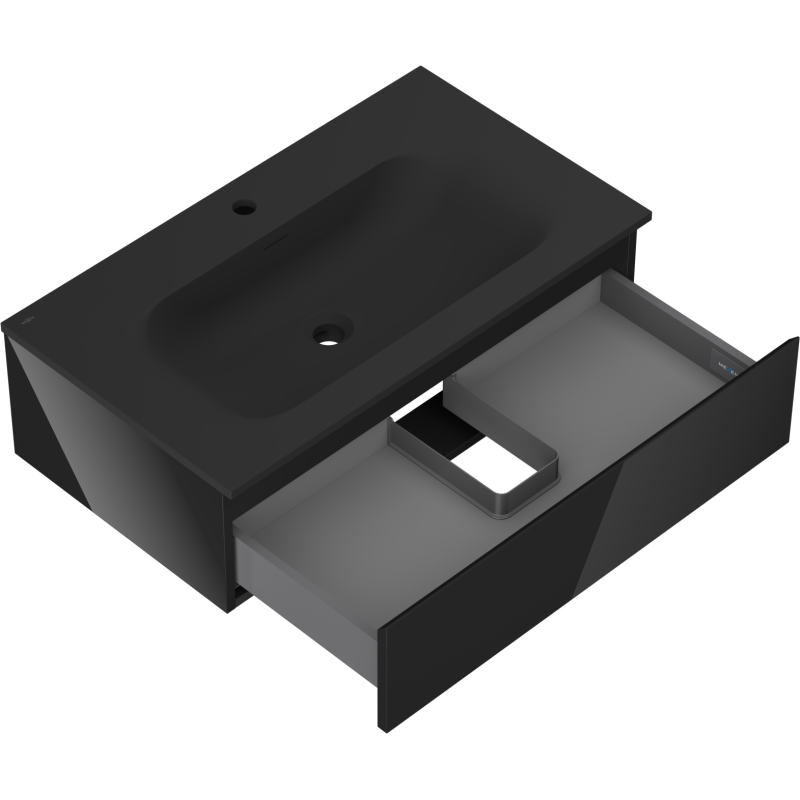 Baderomsskap med vask i svart, 80 cm bredt, med åpen skuff og U-formet innhuk for rør.