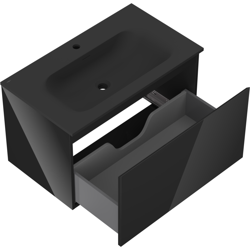 Baderomsskap med vask 80 cm Mexen Orio svart, skuff trukket ut med synlig oppbevaringsrom.