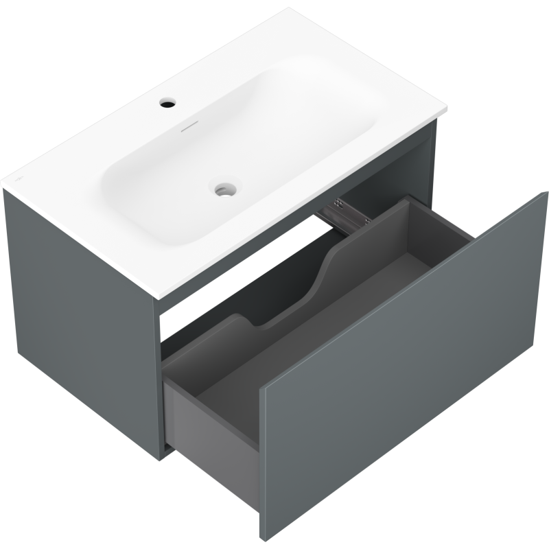 Baderomsskap med vask Mexen Orio 80 cm i grafitt og hvit, åpen skuff med utsparing for rør.