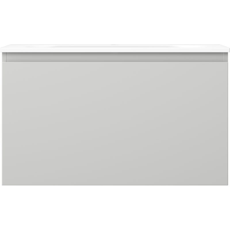 Servant med skap i hvit matt finish, rektangulær front uten synlige håndtak, minimalistisk design.