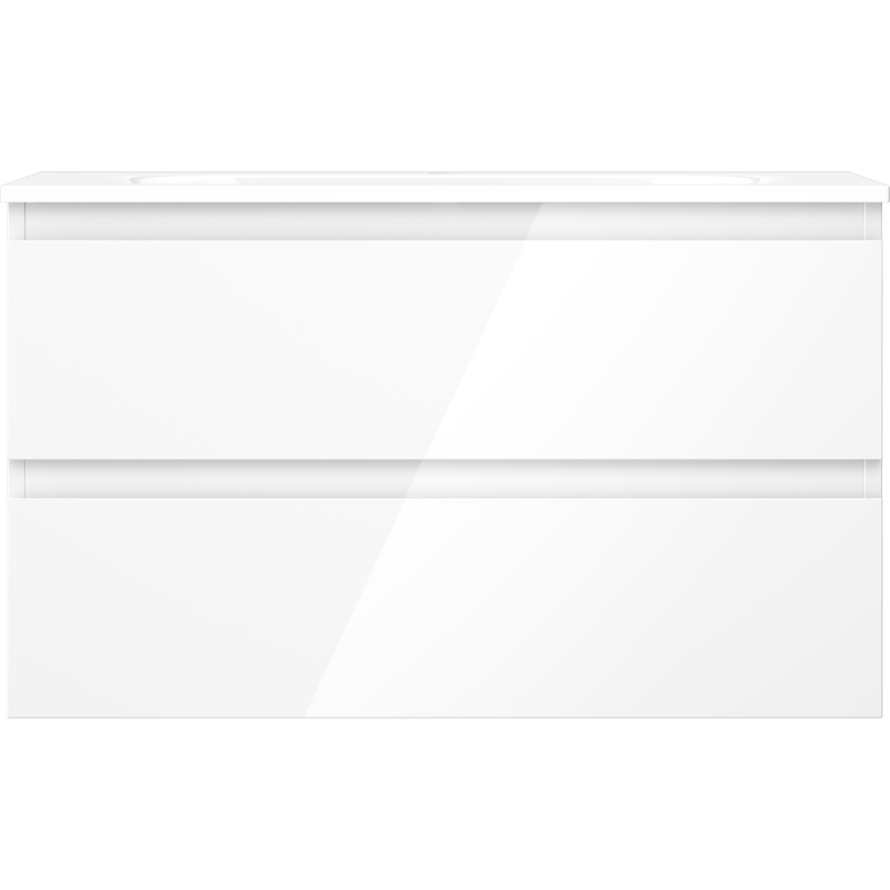 Servant med skap i hvit høyglans med to brede skuffer uten synlige håndtak, sett forfra.
