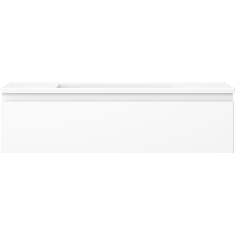 Servant med skap i hvit matt finish, rektangulær front uten håndtak, sett rett forfra.