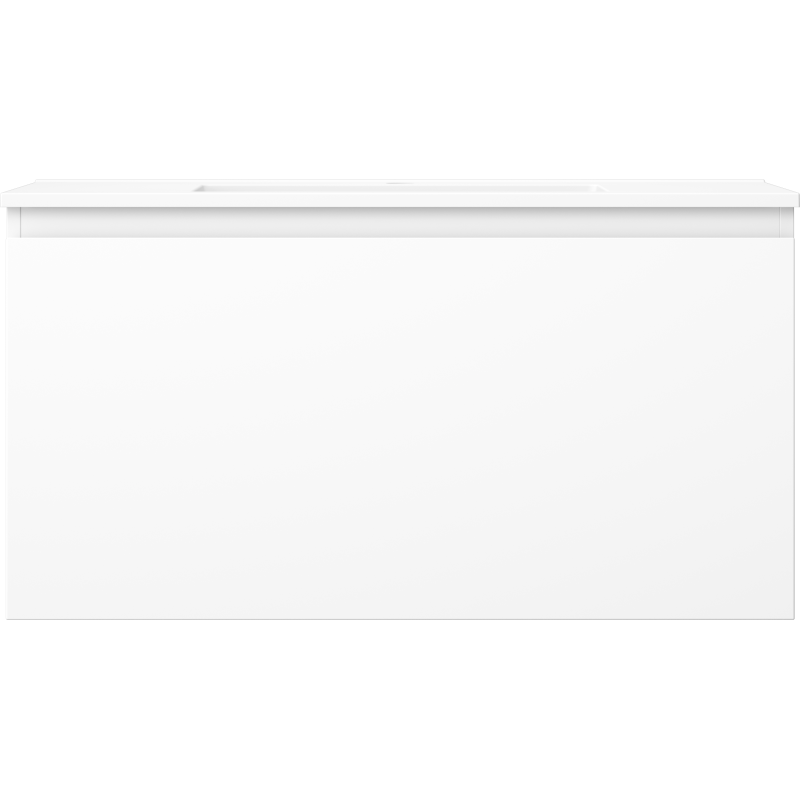 Servant med skap i hvit matt finish, rektangulær og minimalistisk uten synlige håndtak.