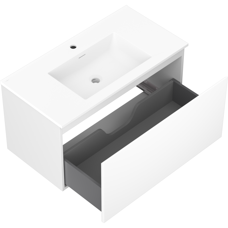 Baderomsskap med vask 90 cm Mexen Orio/Otis hvit matt med åpen grå skuff og porselensservant.