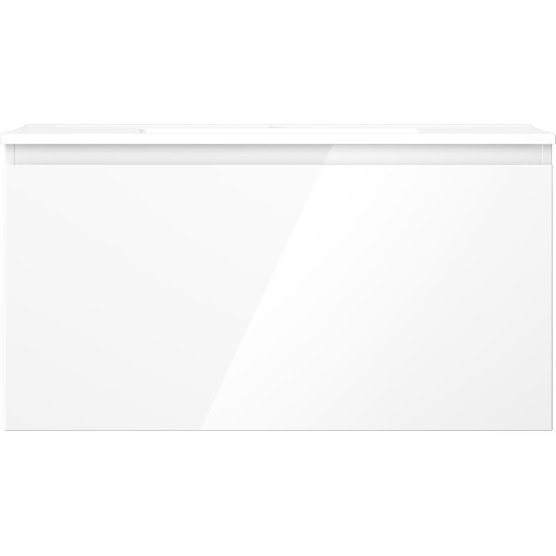 Servant med skap i hvit høyglans, rektangulær front uten synlige håndtak, minimalistisk design.