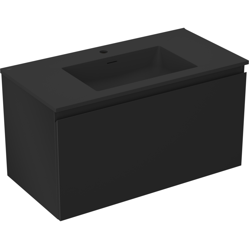 Servantskap med vask 90 cm svart matt, rektangulær modell med integrert vask og ett blandebatterihull.