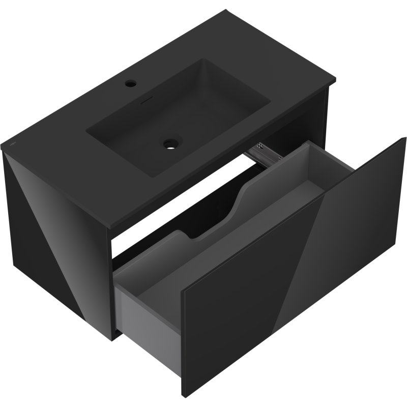 Baderomsskap med vask Mexen Orio 90 cm svart, skrått ovenfra med stor matt skuff og integrert servant.