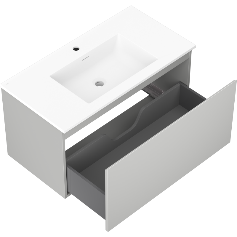 Baderomsskap med vask 90 cm Mexen Orio i grå/hvit matt med åpen skuff og innvendig inndeling.