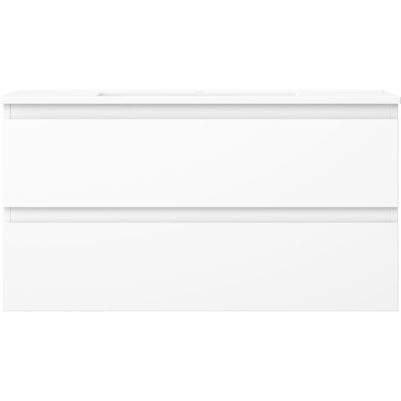 Servant med skap i hvit høyglans, to brede skuffer uten håndtak, sett rett forfra.