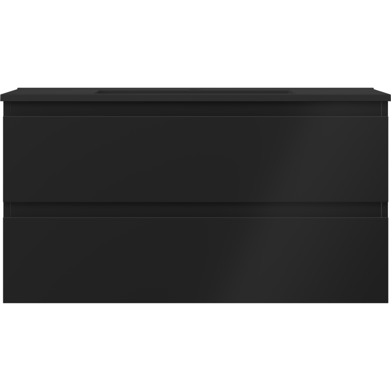 Servant med skap i svart matt utførelse med to brede skuffer uten håndtak, sett forfra.