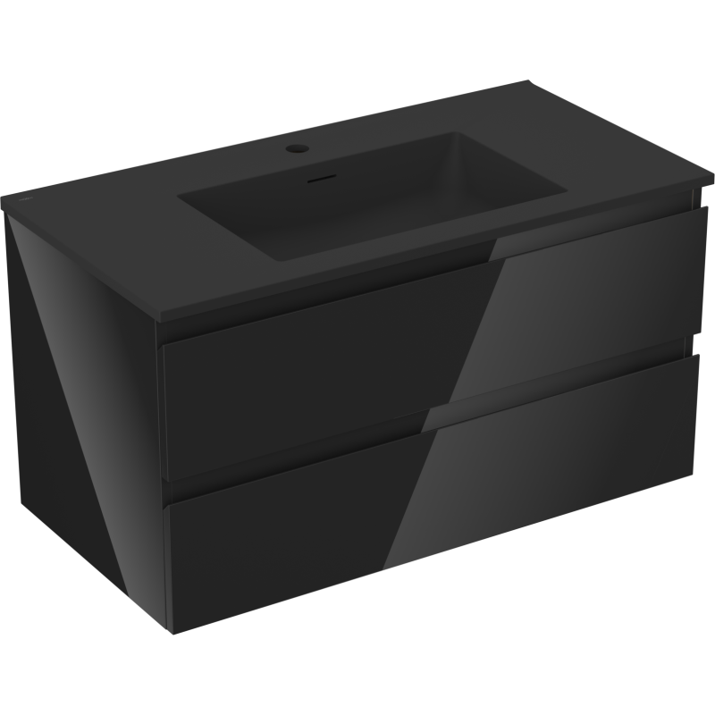 Servantskap med vask 90 cm svart med to glatte skuffer og integrert servant, sett skrått forfra.