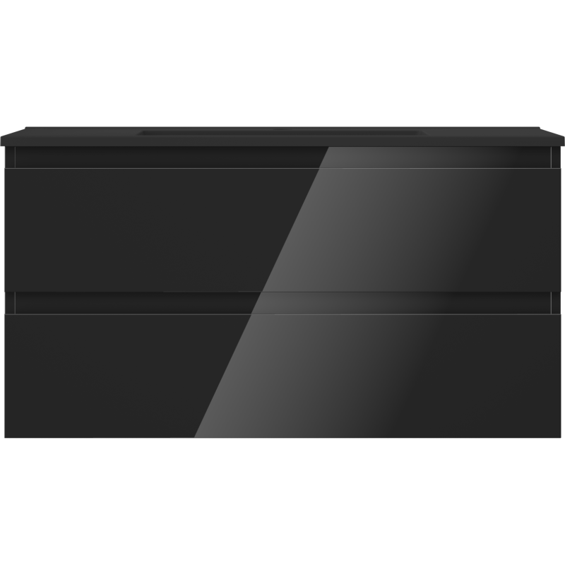 Servant med skap i svart høyglans med to brede skuffer uten håndtak, sett rett forfra.