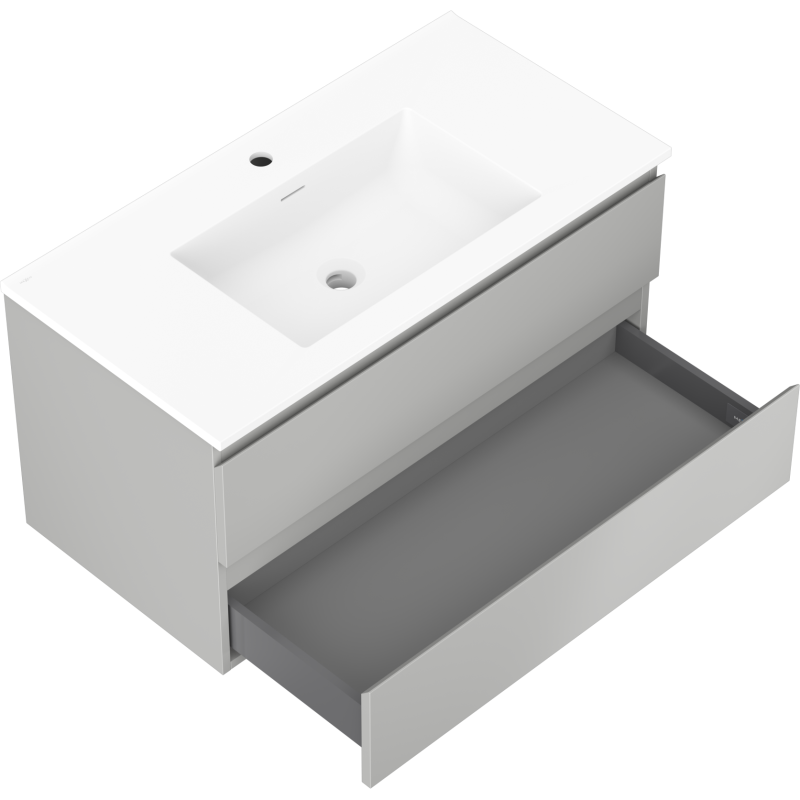 Baderomsskap med servant Mexen Orio 90 cm i grå matt og bøhvit, vist fra skrå vinkel med åpen skuff.