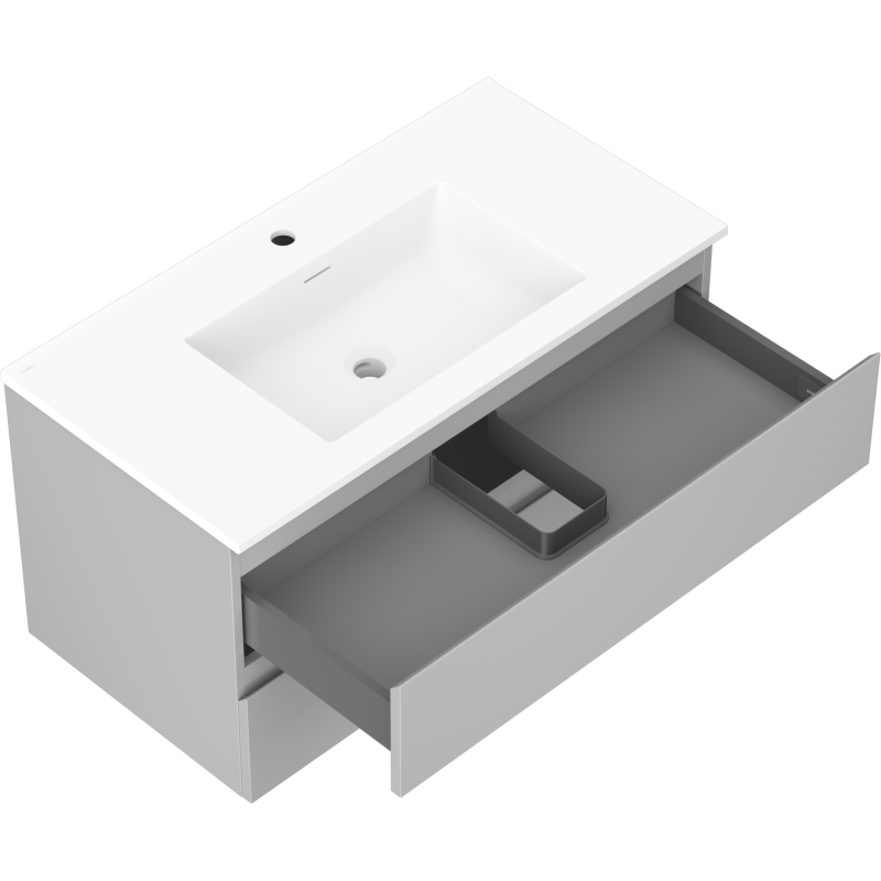 Baderomsskap med vask Mexen Orio 90 cm i hvit og grå, skuff trukket ut med oppbevaringsinndeling.