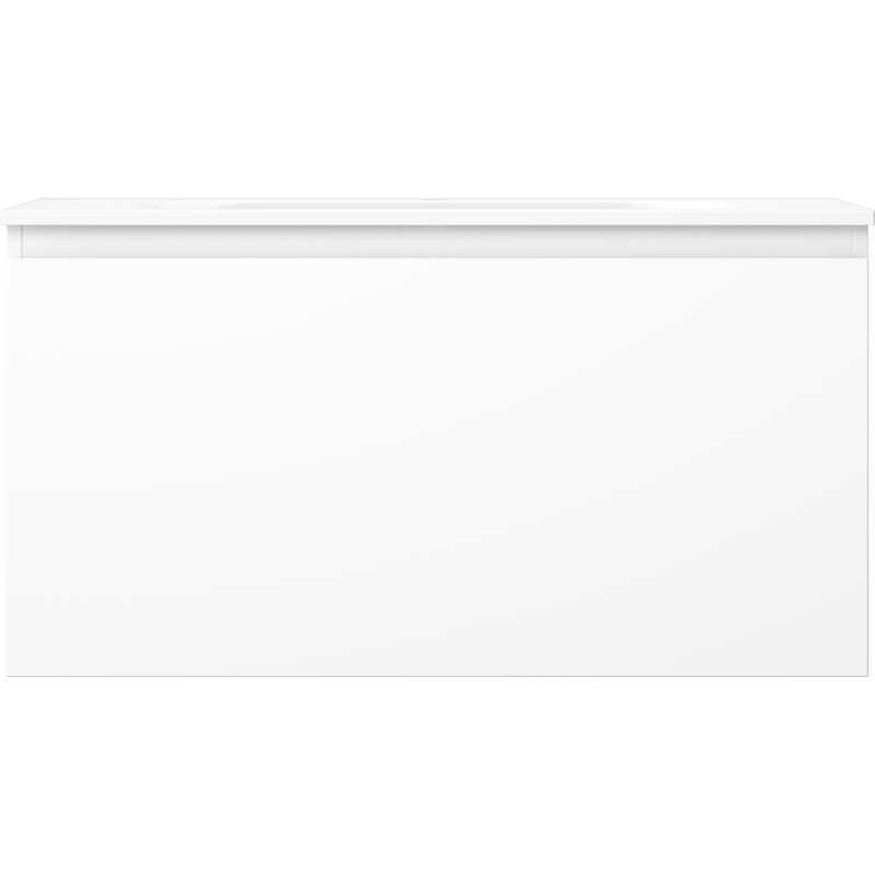 Servant med skap i hvit matt finish, rektangulær form uten synlige håndtak, sett forfra.