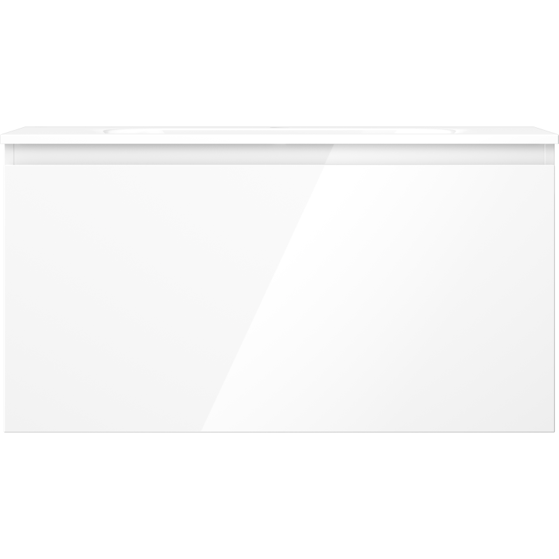 Servant med skap i hvit høyglans med rektangulær front og horisontalt spor øverst.