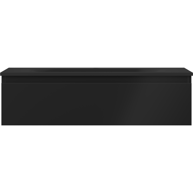 Servant med skap i svart matt finish, rektangulært design med én skuff, sett forfra.