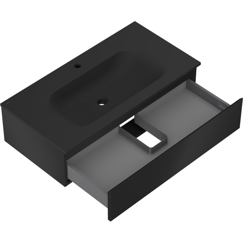 Baderomsskap med vask i svart matt, 90 cm, med åpen skuff og synlig inndeling, sett skrått ovenfra.