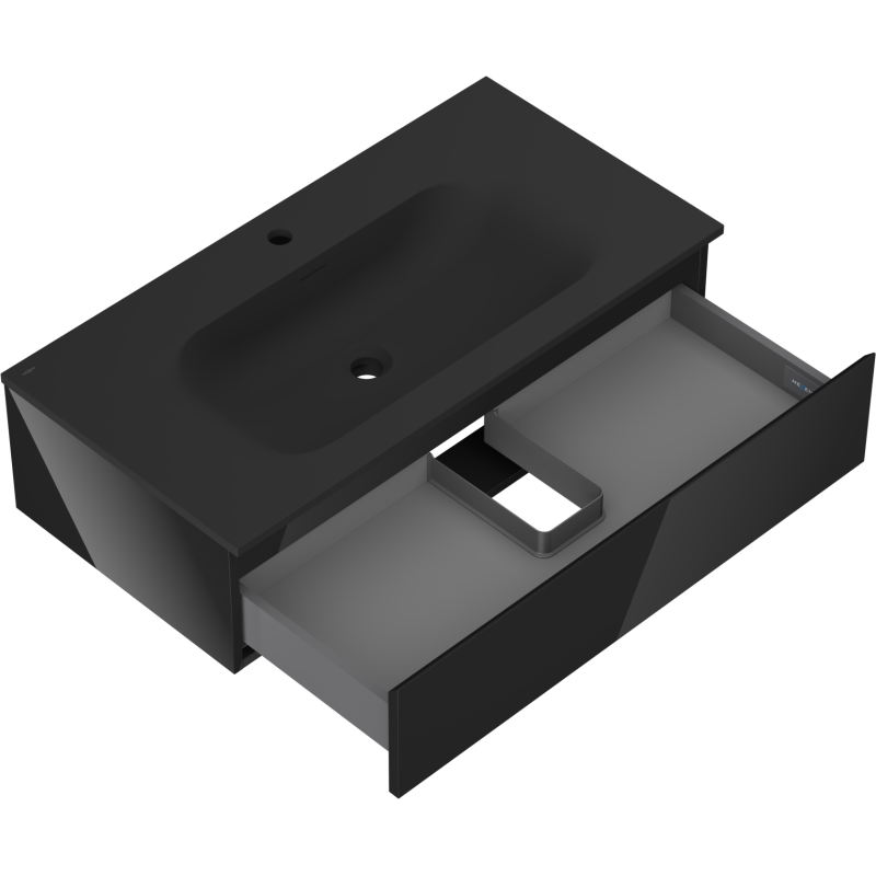 Baderomsskap med vask Mexen Orio Vela 90 cm, åpen skuff med romdeler i sort matt finish.