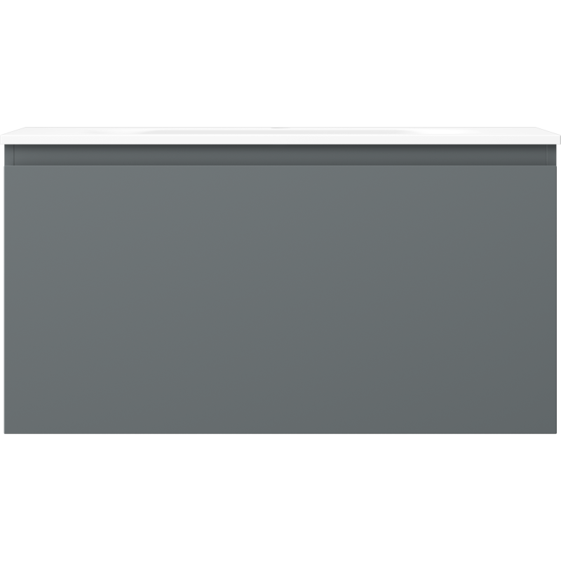 Servant med skap i grafitt matt med hvit topp, rektangulær og minimalistisk uten synlige håndtak.