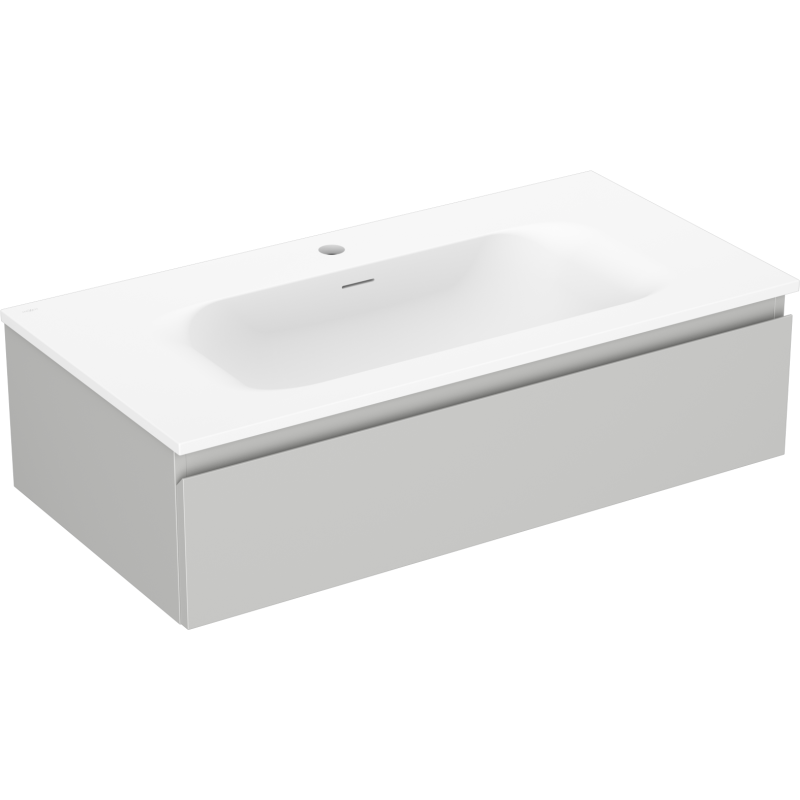 Servantskap med vask 90 cm i grå matt og hvit matt med integrert servant, sett forfra i skrå vinkel.