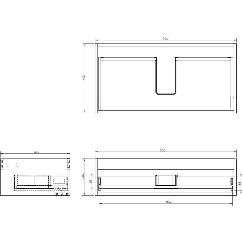 Baderomsskap med servant teknisk tegning av Mexen Orio Vela 90 cm med mål og seksjonsdetaljer.