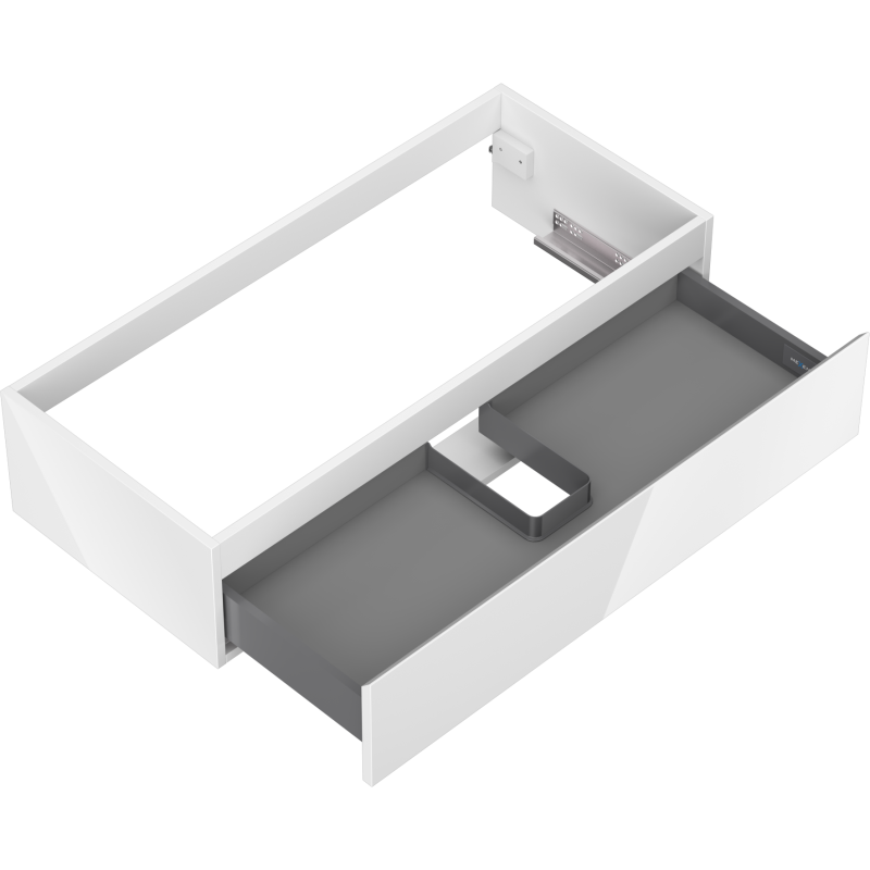 Servantskap uten vask 100 cm hvit høyglans med åpen skuff og utsparing til rør, sett ovenfra.