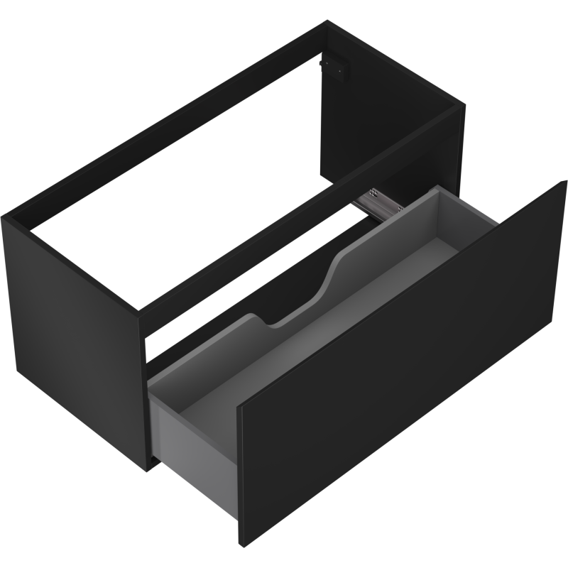 Servantskap uten vask 100 cm svart matt med én åpen grå innerskuff og utsparing i midten.