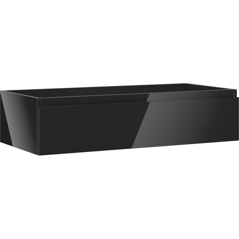 Servantskap 100 cm i svart høyglans med én skuff, sett fra skrått sideperspektiv.