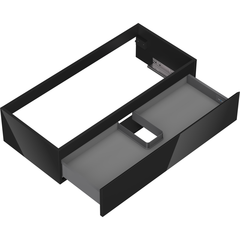 Servantskap uten vask 100 cm svart høyglans med én skuff og U-formet rom for rør, sett ovenfra.