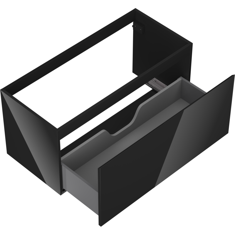 Servantskap uten vask svart høyglans 100 cm med åpen skuff og utsparing for rørføring.