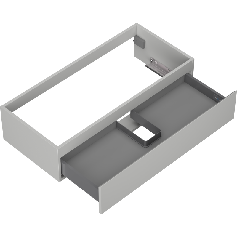 Servantskap uten vask 100 cm Mexen Orio i grå matt med skuff og utsparing, sett fra skrå vinkel.