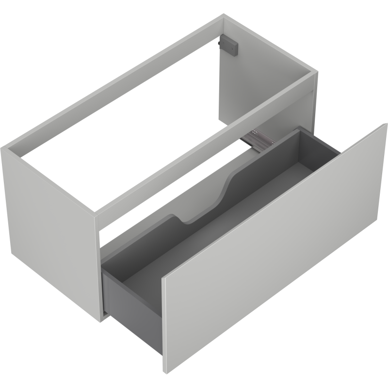 Servantskap uten vask 100 cm grå matt med åpen skuff og utsparing til rørføring, sett ovenfra.