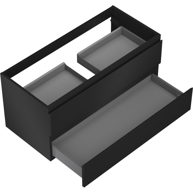 Servantskap til bad svart Mexen Orio 100 cm med to åpne skuffer, sett skrått ovenfra.